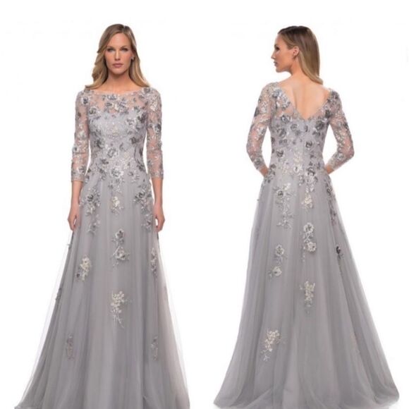 La Femme 29725 Beaded Lace Tulle A-Line Gown Maxi NWT in Silver Size 2 $635 - Picture 1 of 7